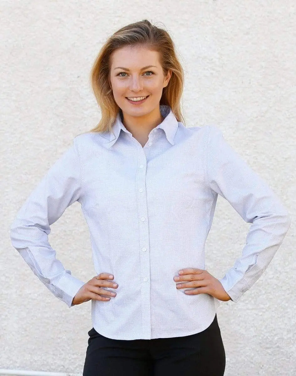 BENCHMARK Laides’ Dot Contrast Long Sleeve Shirt- white blue dot M8922 Corporate Wear Benchmark